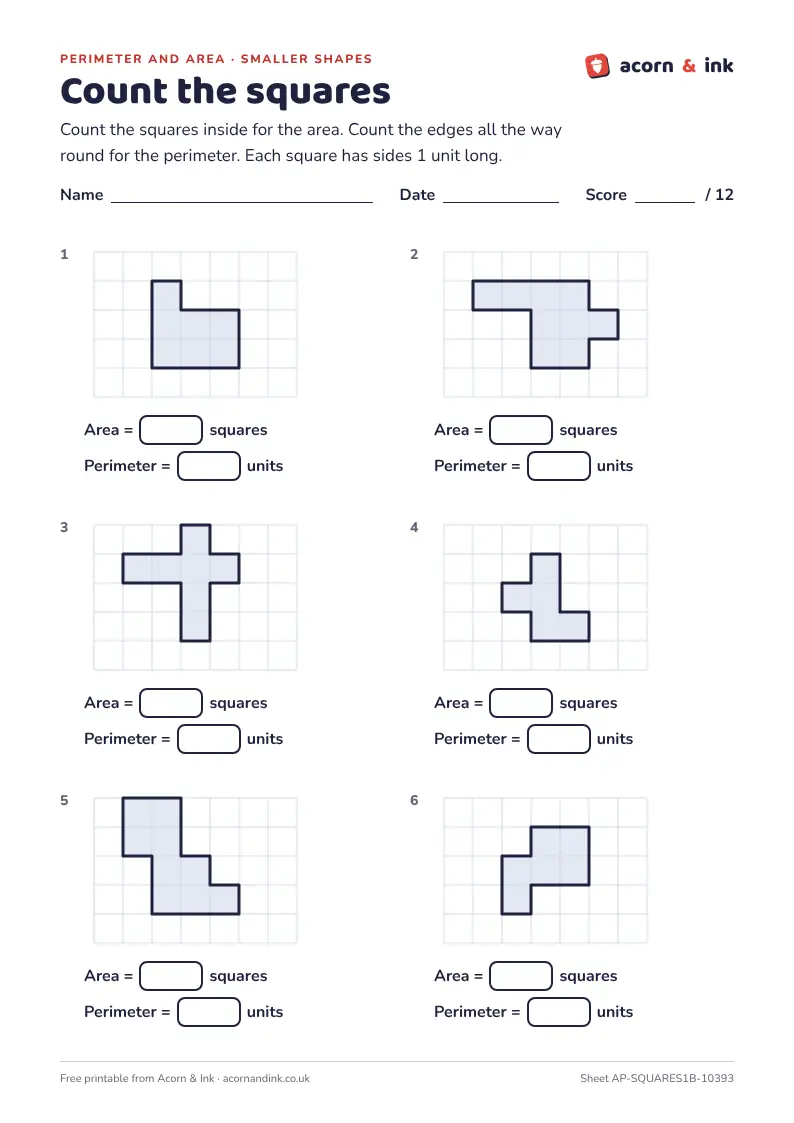 An example area and perimeter sheet: six shapes made of squares on a grid, each with a box for its area in squares and its perimeter in units