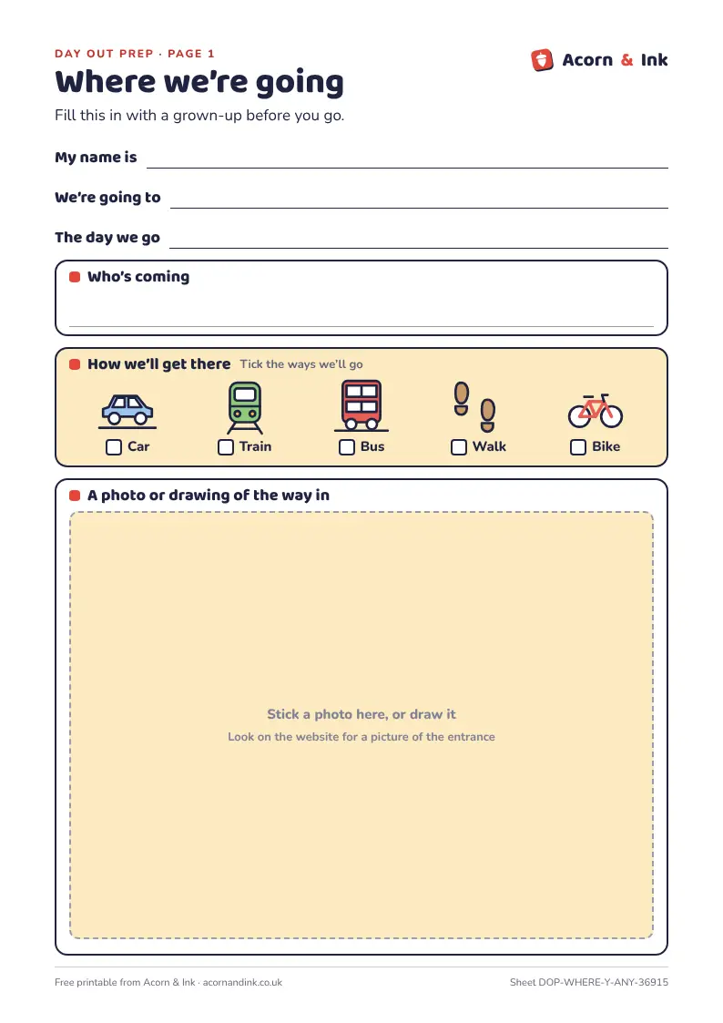 An example Where we’re going page for younger children: lines for the child’s name, the place and the day, a box for who’s coming, car, train, bus, walk and bike pictures to tick, and a big box for a photo or drawing of the way in