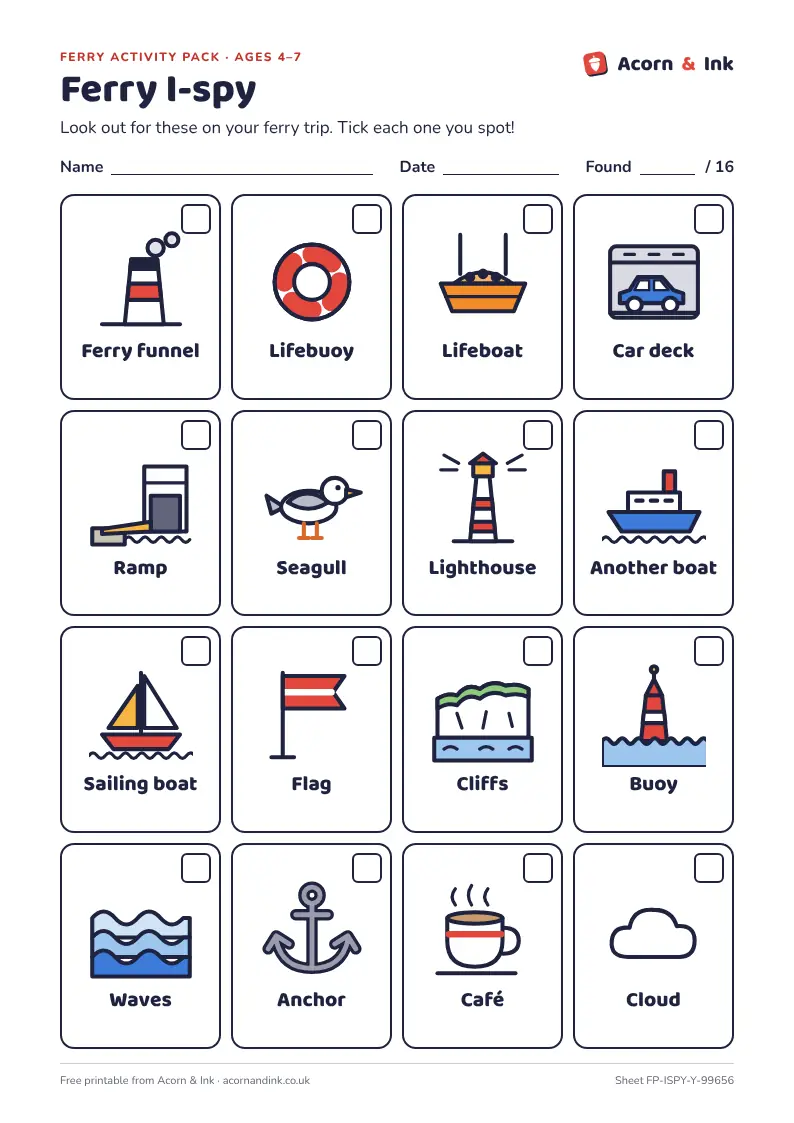 An example ferry I-spy sheet for ages 4 to 7: sixteen pictures to tick, from a ferry funnel and a lifebuoy to a lighthouse and a seagull