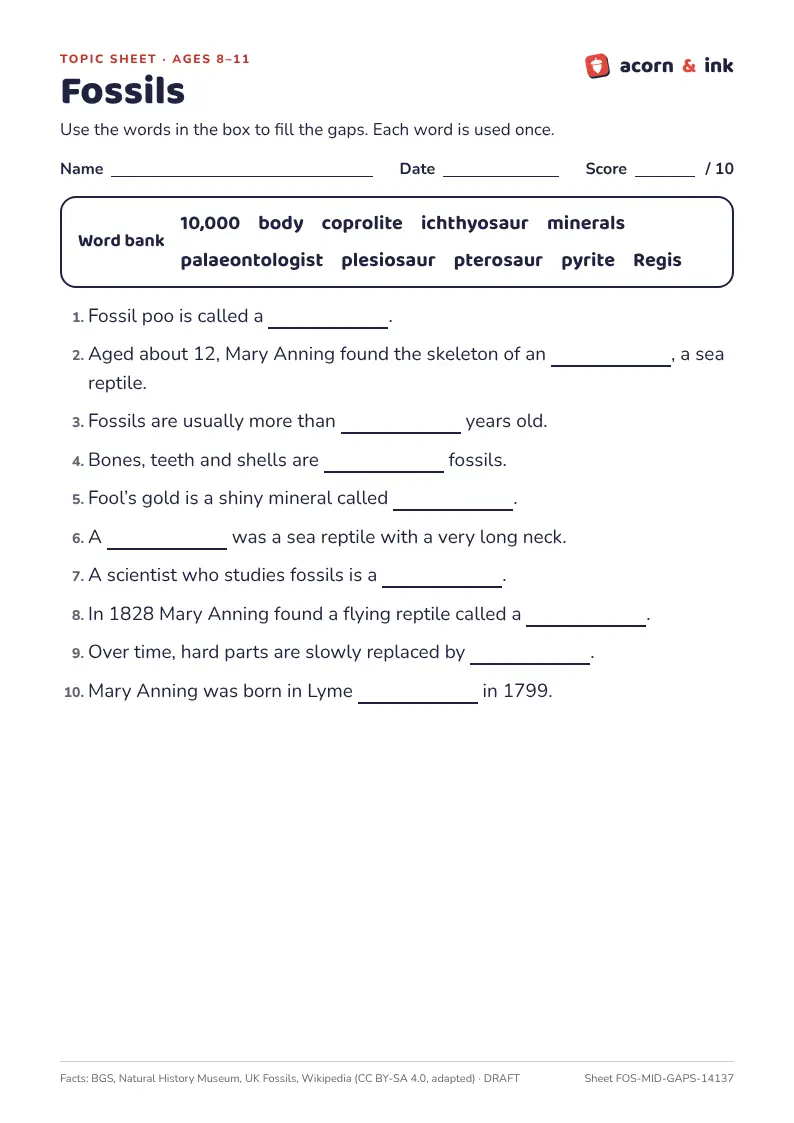 An example fossils topic sheet for ages 8 to 11: a word bank and ten fossil facts with a gap to fill in each