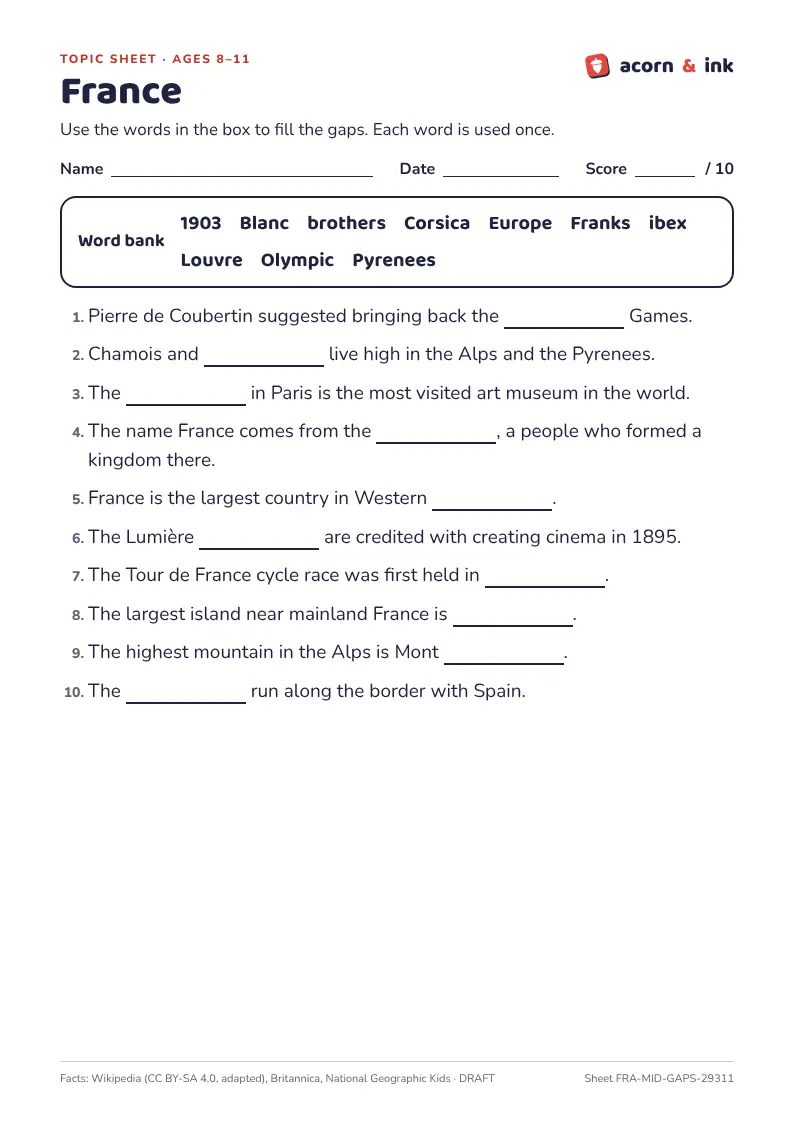 An example France topic sheet for ages 8 to 11: a word bank and ten France facts with a gap to fill in each