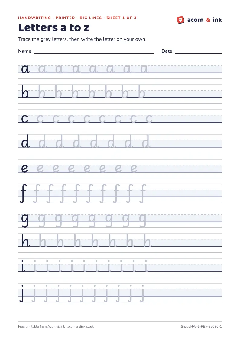 An example handwriting sheet: ten rows of four-line handwriting guides for the letters a to j, each with a dark letter, the same letter in pale grey to trace, and space to write it alone