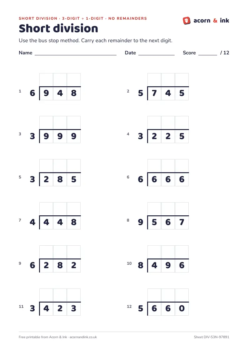An example short division sheet: twelve bus stop questions, each dividing a three-digit number by a number from 2 to 9 with no remainder