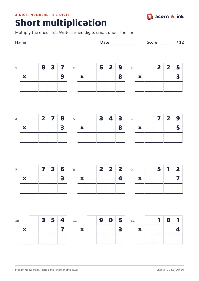 An example short multiplication sheet: twelve sums that each multiply a three-digit number by a one-digit number from 2 to 9, set out in columns on squared paper