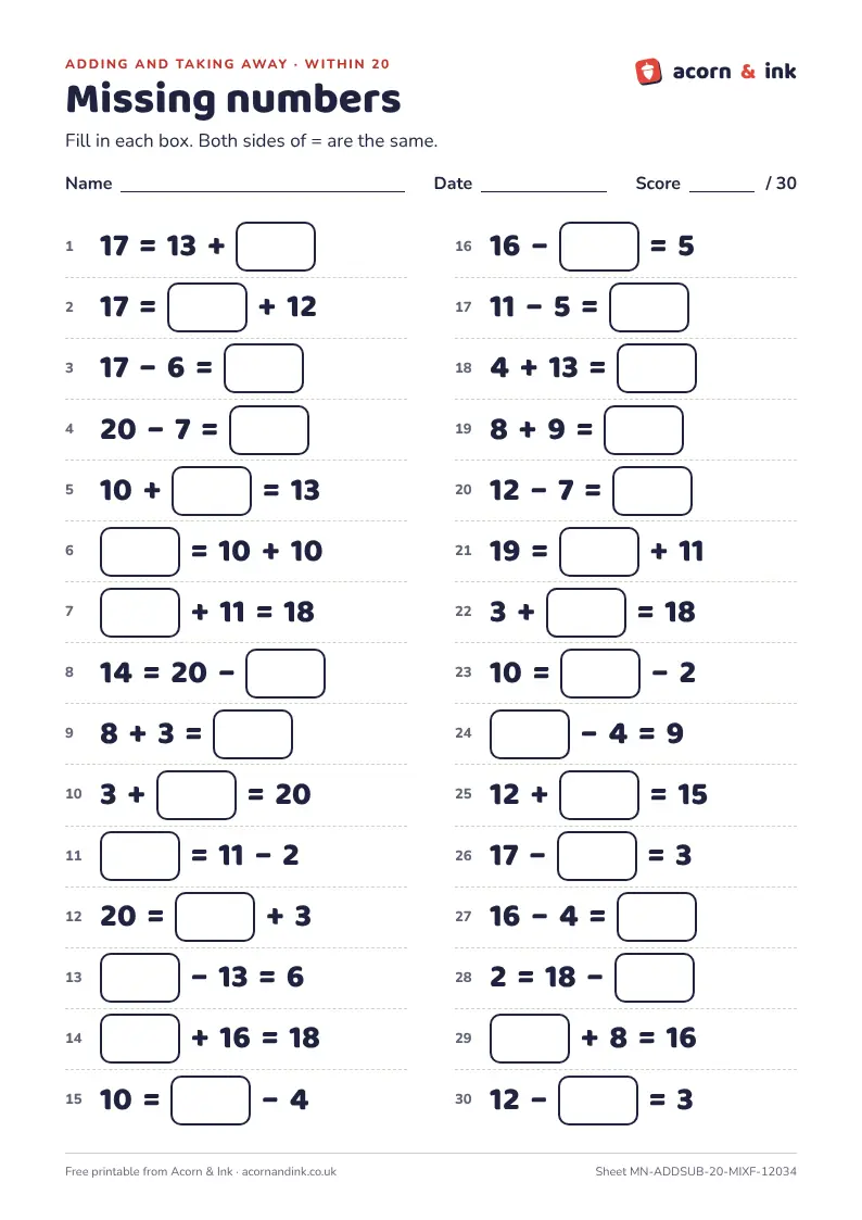 An example missing number sheet: thirty adding and taking-away sums within 20 with the box in different places, some written with the equals sign first, like 15 = 8 + ☐