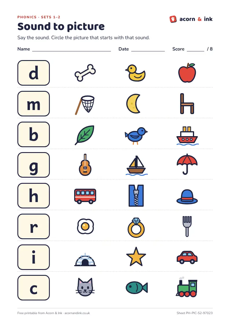 An example sound to picture sheet for phonics Sets 1 and 2: eight rows, each with a letter sound such as s or b and three pictures, one of which starts with that sound
