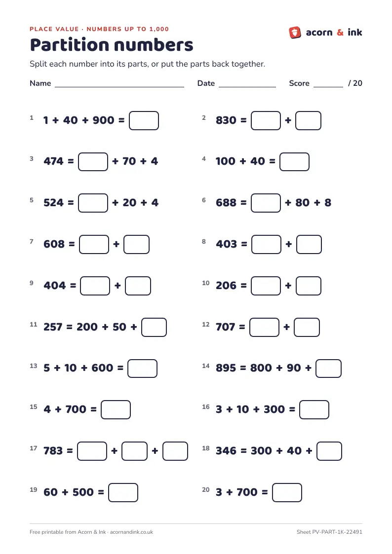 An example place value sheet: twenty questions with numbers up to 1,000, such as 365 = 300 + 60 + 5, to split into hundreds, tens and ones or put back together